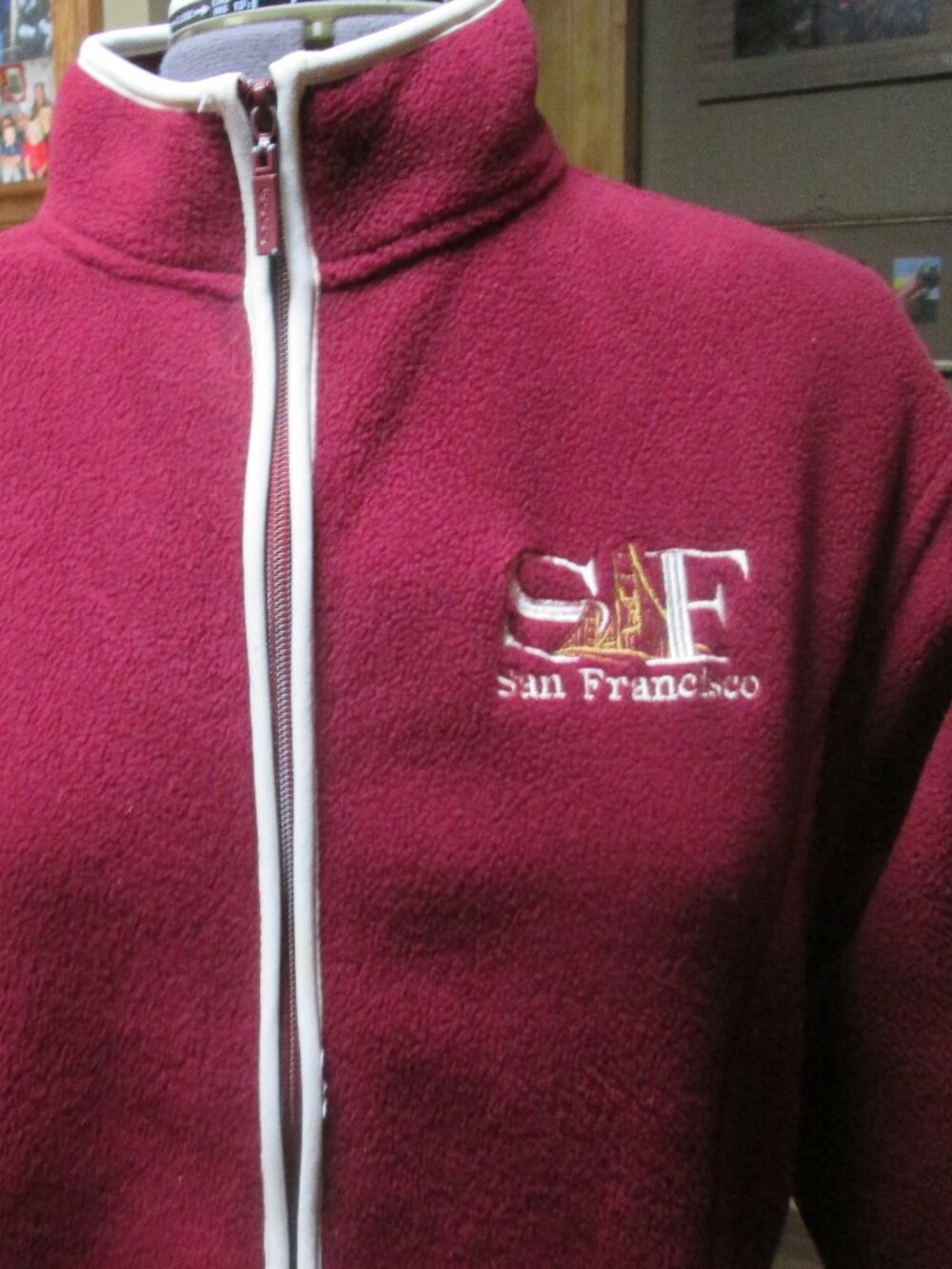 VTG MED 90S EMBROIDRED LOGO BURGUNDY WHITE TRIM SAN FRAN FLEECE JACKET